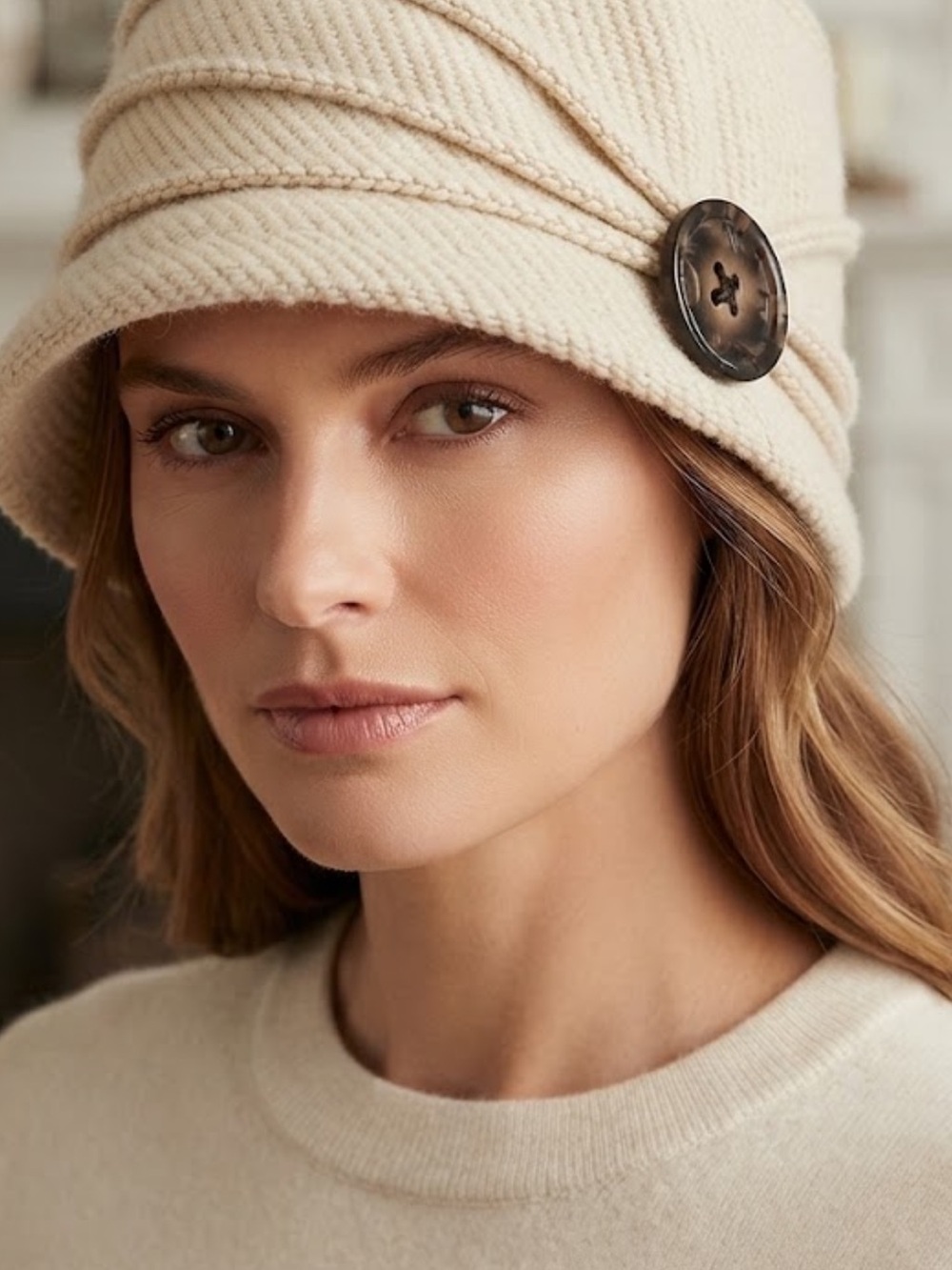 Parkhurst Cream Knit Cloche Hat Pleated Vintage Button Bucket Hat